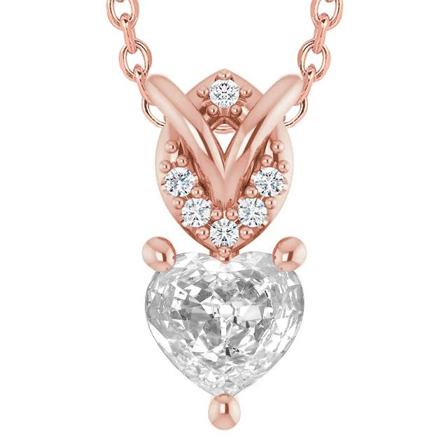 Charm Pendente Con Cuore Da 5,50 Carati E Genuino Diamanti Tondi In Oro Rosa 14K.