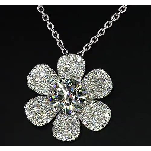 Ciondolo Con Naturale Diamante Fiore 3.50 Carati In Oro Bianco 14K F Vs1 Novità