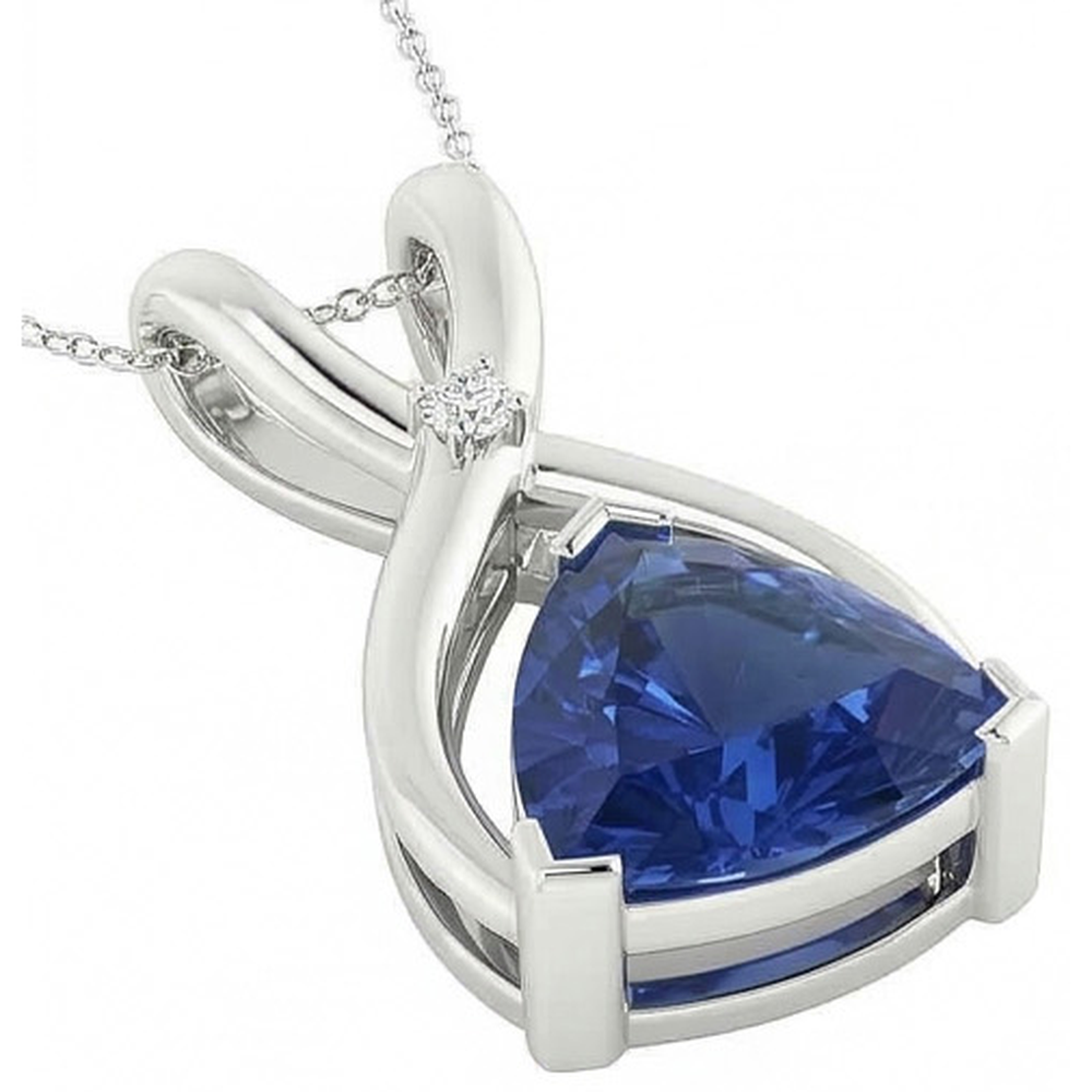 Ciondolo con zaffiro blu trilioni e diamanti con catena a V 2,75 carati
