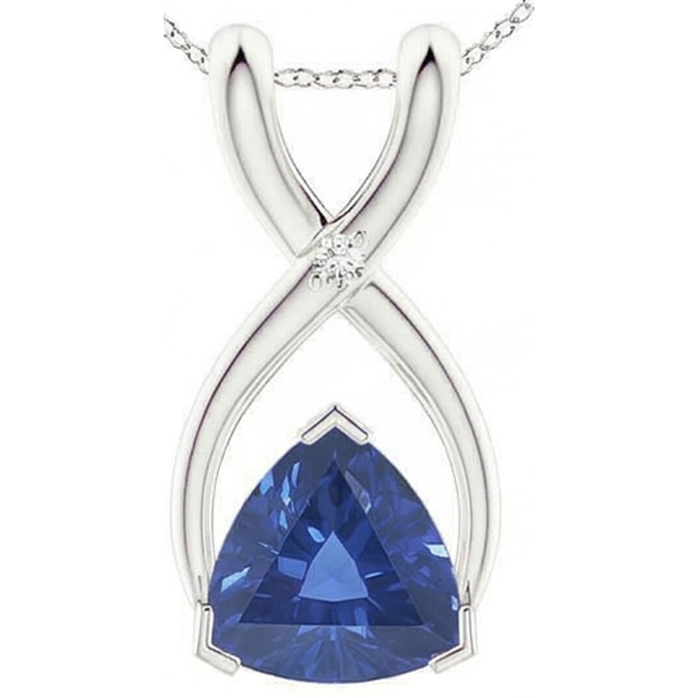 Ciondolo con zaffiro blu trilioni e diamanti con catena a V 2,75 carati