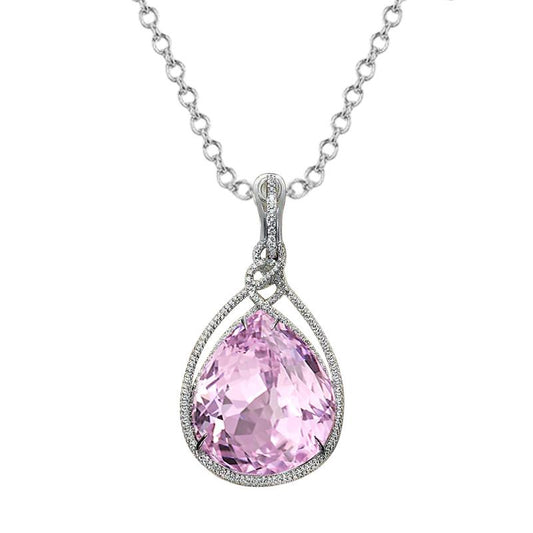 Ciondolo da donna in oro bianco 14 carati con diamanti kunzite rosa taglio a pera da 32.50 ct - harrychadent.it