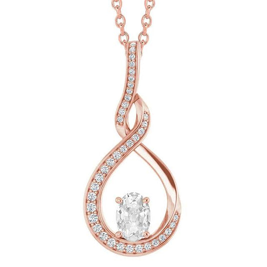 Ciondolo 3 Carati Ovale E Genuino Diamante Rotondo Vecchio Minatore Diapositiva Catena Intrecciata In Oro Bianco 14K