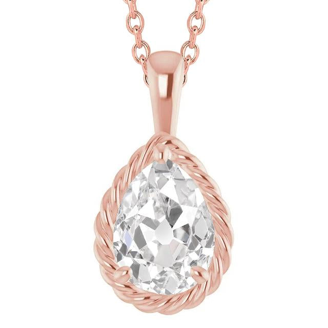 Ciondolo 3 Carati Pera Vero Diamante Vecchia Miniera Catena Di Scorrimento Con Oro Rosa 14K