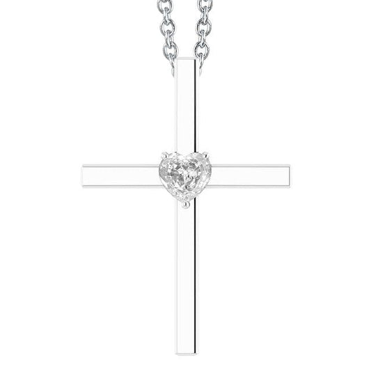 Ciondolo A Croce Con Catena A Scorrimento Old Miner Con Vero Diamante Taglio Cuore Da 1 Carato In Oro Bianco 14K