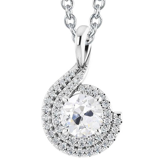 Ciondolo A Forma Di Alone Antico Con Genuino Diamante A Taglio Rotondo Da 4,50 Carati In Stile Curvo In Oro Bianco 14K