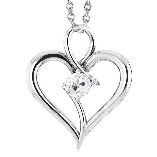 Ciondolo A Forma Di Cuore Con Naturale Diamante Solitario Tondo Da 1 Carato Vecchio Minatore In Oro Bianco 14K