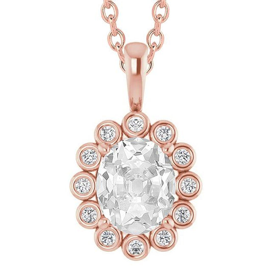 Ciondolo A Forma Di Fiore Aureola Con Castone Di Vero Diamanti A Taglio Ovale Da 6,50 Ct Incastonato In Oro Bianco 14K