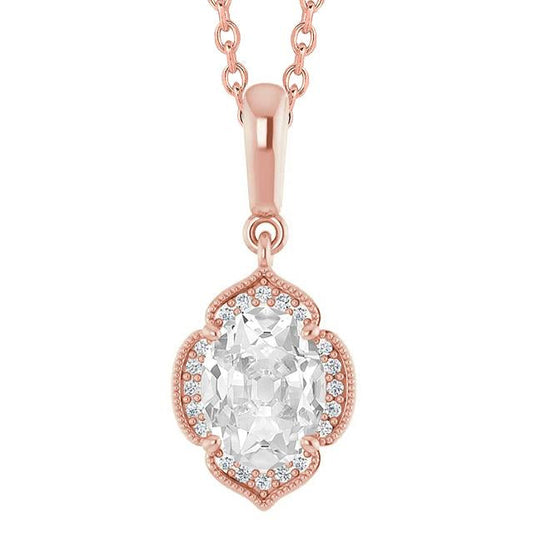 Ciondolo A Forma Di Fiore Con Ciondolo Ovale Da 3,75 Carati E Naturale Diamante Rotondo Da Miniera In Oro Bianco 14K
