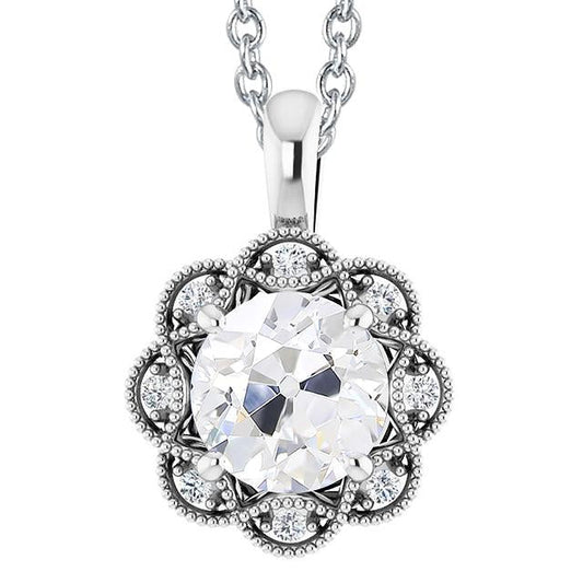 Ciondolo A Forma Di Fiore Con Vero Diamante A Taglio Rotondo Di 4 Carati Vecchia Miniera Di Scorrimento In Oro 14K