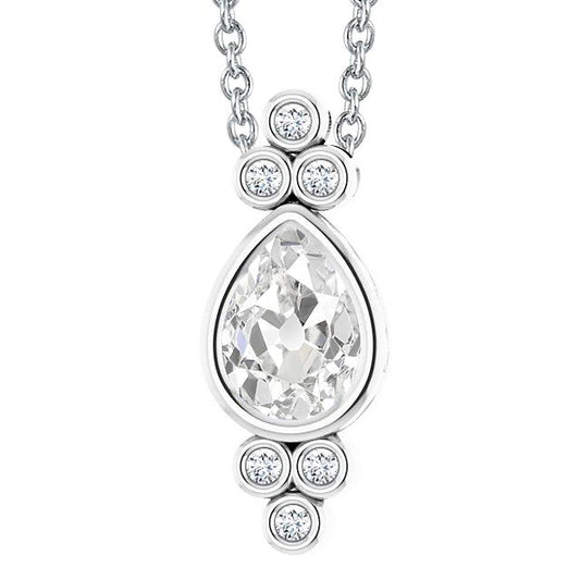 Ciondolo Antico 3,50 Carati Vero Diamante Taglio Pera, Castone Con Catena Scorrevole In Oro Bianco 14K