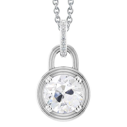 Ciondolo Antico A Forma Di Ciondolo Con Genuino Diamante Taglio Tondo Da 3,50 Carati Con Oro Bianco 14K