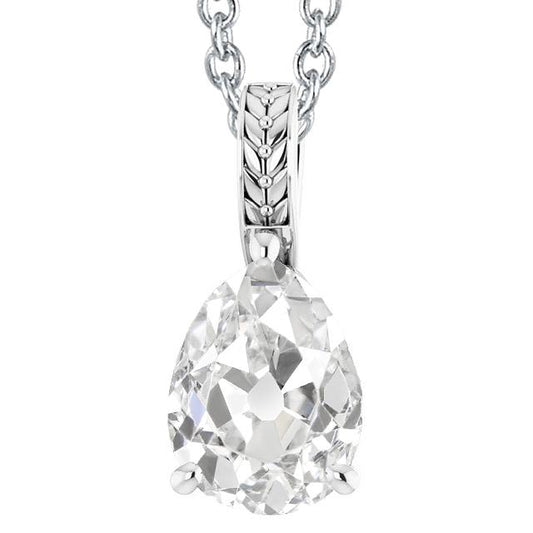 Ciondolo Antico Con Catena Stile Vecchio Minatore Di Vero Diamanti Taglio Pera 4 Carati In Oro Bianco 14K