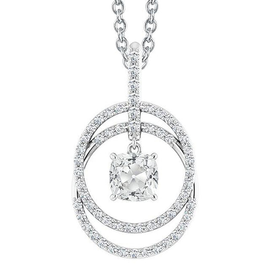 Ciondolo Antico Con Punte Circolari In Vero Diamante Taglio Cuscino Da 4 Carati In Oro Bianco 14 Carati