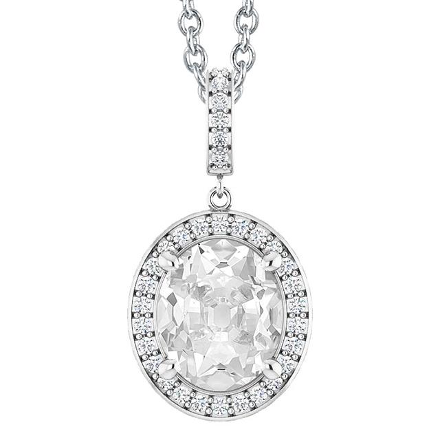 Ciondolo Antico Halo Con Naturale Diamante Taglio Ovale Da 6,50 Carati Con Catena E Cauzione In Oro Bianco 14K