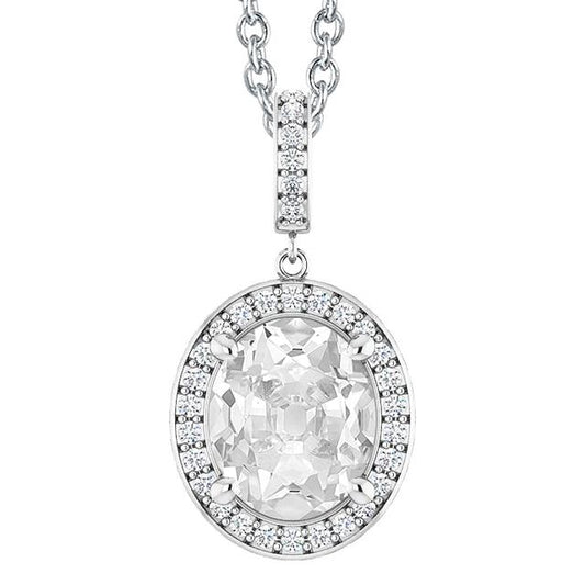 Ciondolo Antico Halo Con Naturale Diamante Taglio Ovale Da 6,50 Carati Con Catena E Cauzione In Oro Bianco 14K