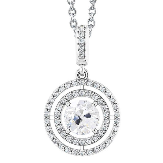 Ciondolo Cerchio Halo Con 3,50 Carati Di Vero Diamante A Taglio Rotondo Old Mine In Oro Bianco 14K