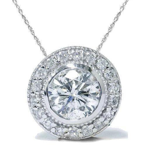 Ciondolo Collana Da Donna Halo Con Vero Diamante Rotondo Da 2,75 Carati In Oro Bianco 14K