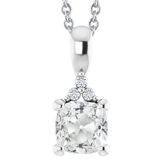 Ciondolo Con 5,50 Carati Cuscino Genuino Diamante Vecchio Minatore Con Catena In Oro Bianco 14K