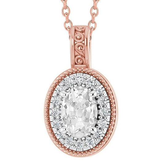 Ciondolo Con Genuino Diamante Old Mine Ovale Da 4,50 Carati E Taglio Rotondo In Oro Bicolore 14K