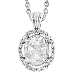 Ciondolo Con Naturale Diamante Ovale Da 7 Carati E Diamante Tondo Vecchia Catena Scorrevole Milgrain In Oro Bianco 14K
