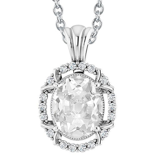 Ciondolo Con Naturale Diamante Ovale Da 7 Carati E Diamante Tondo Vecchia Catena Scorrevole Milgrain In Oro Bianco 14K