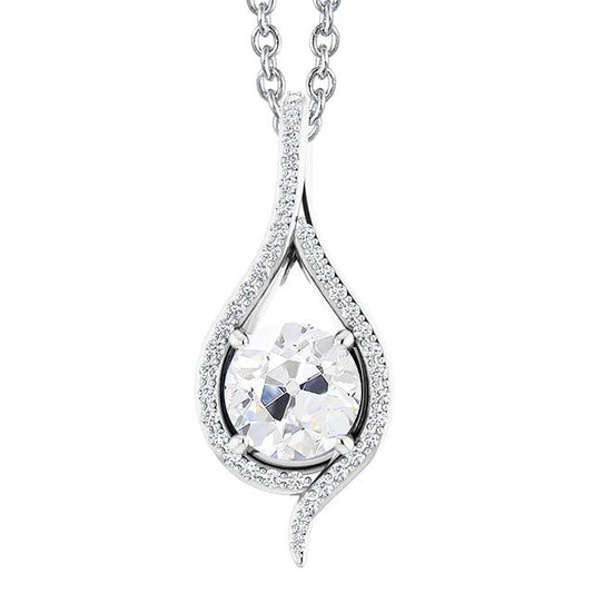 Ciondolo Con Naturale Diamante Tondo Da 3 Carati, Catena Incastonata Di Un Vecchio Artiglio Da Minatore In Oro 14K