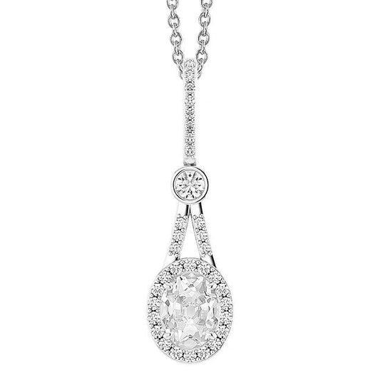 Ciondolo Con Vero Diamante A Taglio Vecchio 3 Carati Tondo E Ovale Con Gambo In Oro Bianco 14K