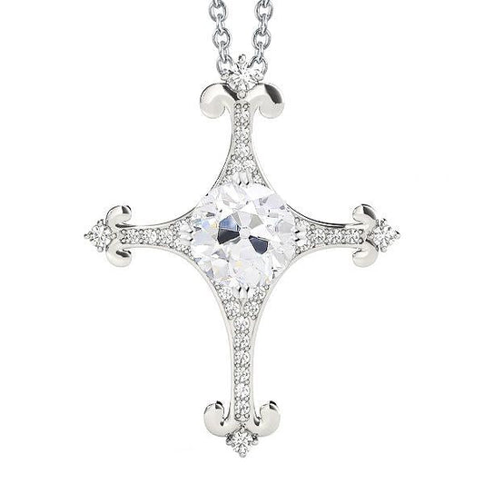 Ciondolo Croce Con Genuino Diamante Rotondo Di Old Miner Da 2,50 Carati Con Catena In Oro Bianco 14K