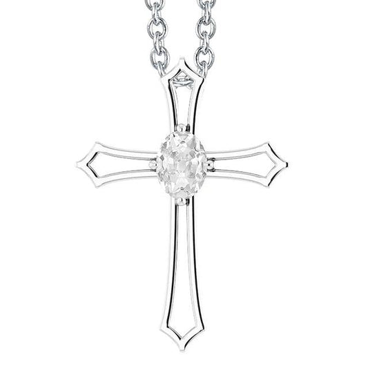 Ciondolo Croce Con Vero Diamante Ovale Vecchio Minatore Da 1,50 Carati Con Catena In Oro Bianco 14K