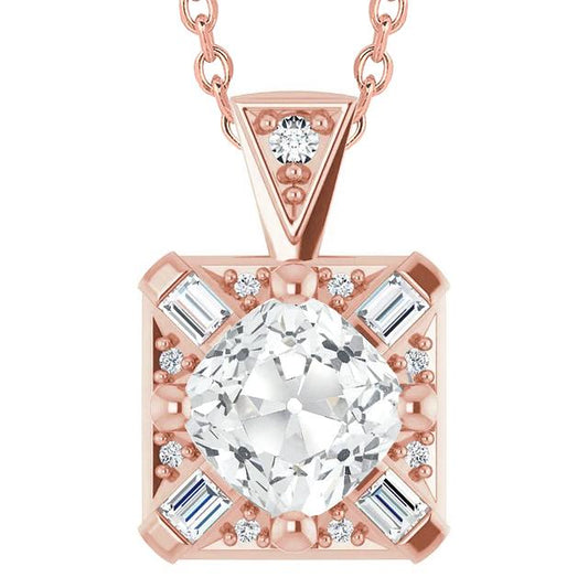 Ciondolo Da Donna Con Cuscino Da 7,50 Carati E Vero Diamante Tondo Vecchio Minatore Baguette In Oro Bianco 14K