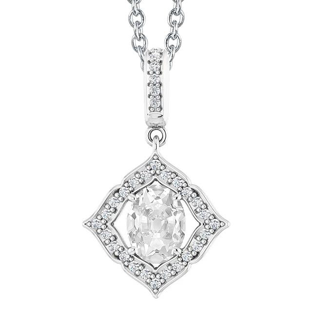 Ciondolo Halo 4 Carati Ovale E Naturale Diamante Rotondo Old Miner Catena Scorrevole In Oro Bianco 14K