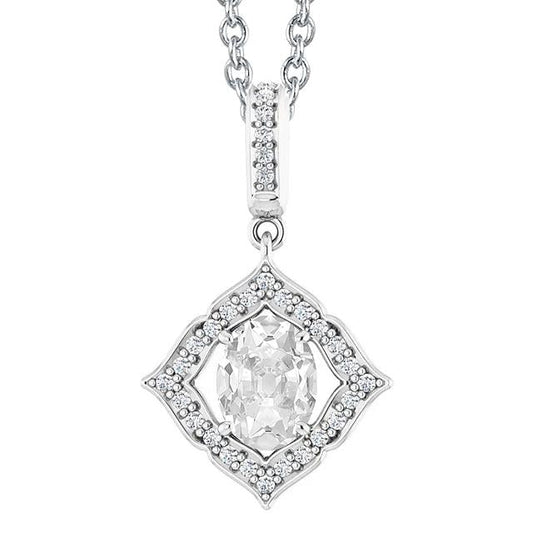 Ciondolo Halo 4 Carati Ovale E Naturale Diamante Rotondo Old Miner Catena Scorrevole In Oro Bianco 14K