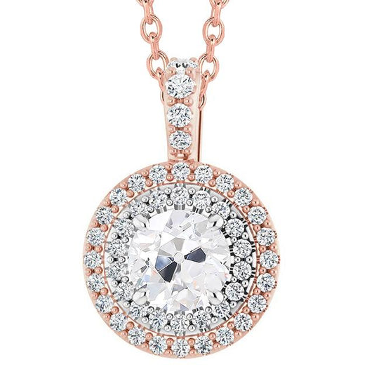 Ciondolo Halo 5 Carati Di Genuino Diamanti Taglio Rotondo Old Mine Gioielli Bicolore In Oro Bianco 14K