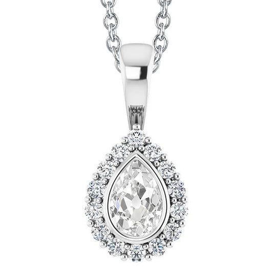 Ciondolo Halo 5 Carati Rotondo E Vero Diamante A Pera E Oro Bianco 14K Lunetta Da Minatore Antico