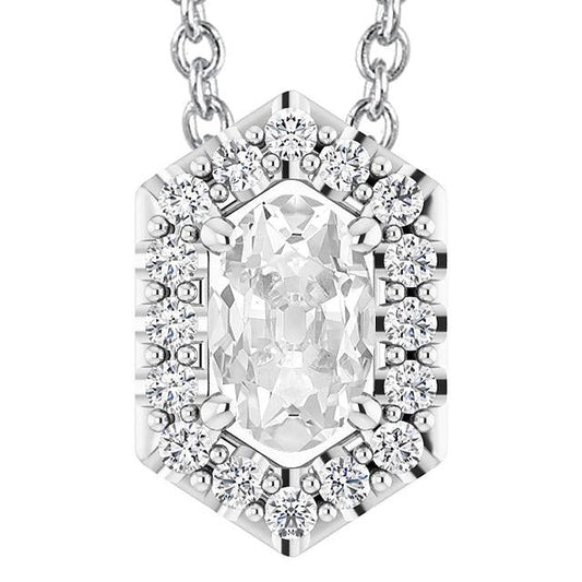 Ciondolo Halo Con 7,50 Carati Ovale E Naturale Diamante Tondo Old Miner In Catena In Oro Bianco 14K