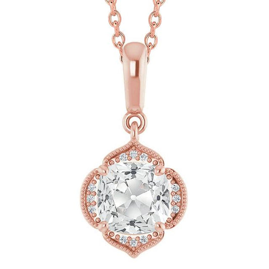 Ciondolo Halo Cuscino Da 4 Carati E Genuino Diamante A Taglio Rotondo Old Slide In Oro Rosa 14K