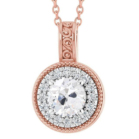 Ciondolo In Filigrana In Stile Vintage Con Vero Diamante A Taglio Rotondo Da 3,50 Carati Old Mine Halo