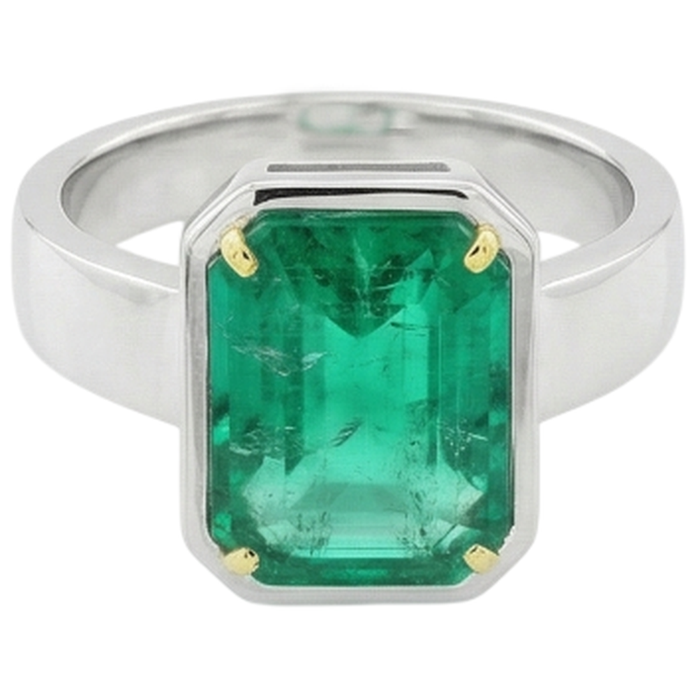 Taglio a Gradini Smeraldo Fine anello in Oro 14 Carati Bicolore – vista frontale