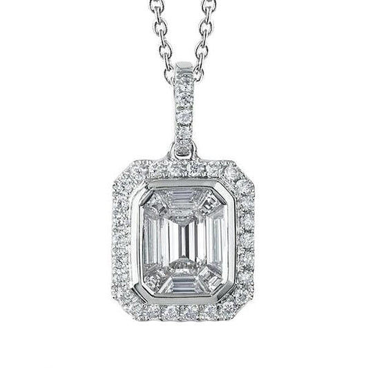 Collana Con Ciondolo In Oro Bianco 14K . Con Smeraldo E Vero Diamante Rotondo Da 2.80 Carati