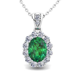 Collana Con Ciondolo In Pietra Preziosa Verde Smeraldo Con Diamante 7,85 Carati WG 14K