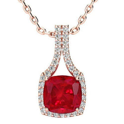 Collana Pendente Cuscino Rubino Con Diamanti Tondi 11 Ct.