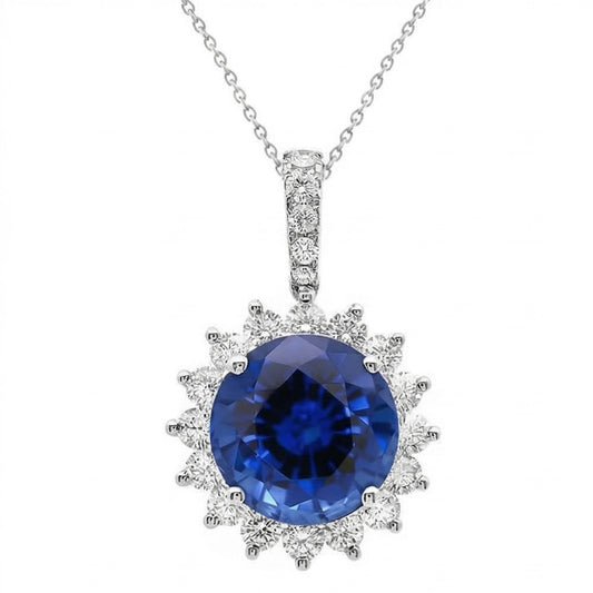 Collana Pendente Zaffiro Blu E Diamanti Naturali Autentici ( non creati in laboratorio ) 8.40 Carati Oro Bianco 14K