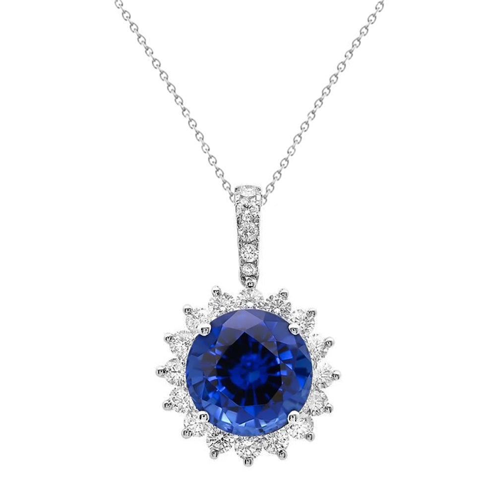 Collana Pendente Zaffiro Blu E Diamanti Naturali Autentici ( non creati in laboratorio ) 8.40 Carati Oro Bianco 14K