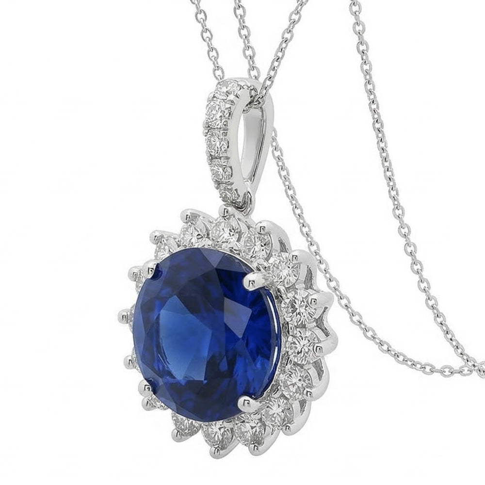 Collana Pendente Zaffiro Blu E Diamanti Naturali Autentici ( non creati in laboratorio ) 8.40 Carati Oro Bianco 14K