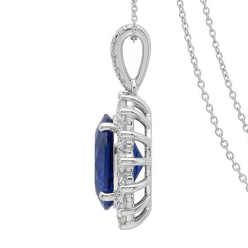 Collana Pendente Zaffiro Blu E Diamanti Naturali Autentici ( non creati in laboratorio ) 8.40 Carati Oro Bianco 14K