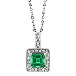 Collana con ciondolo con pietre preziose. Verde smeraldo taglio Asscher da 4 ct e diamanti rotondi