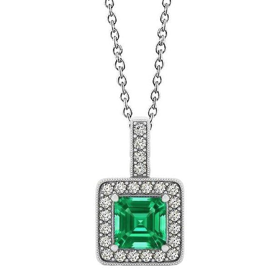 Collana con ciondolo con pietre preziose. Verde smeraldo taglio Asscher da 4 ct e diamanti rotondi