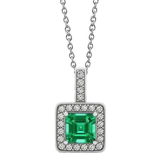 Collana con ciondolo con pietre preziose. Verde smeraldo taglio Asscher da 4 ct e diamanti rotondi