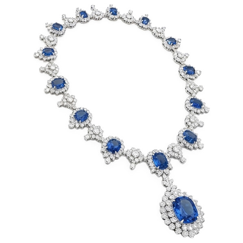 Collana da sposa con diamanti bianchi e zaffiro di Ceylon da 130,10 ct