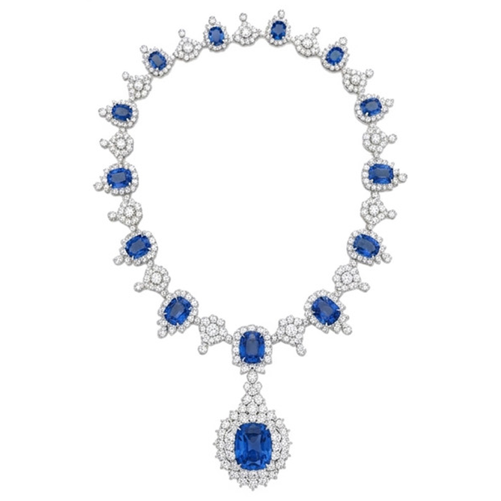 Collana da sposa con diamanti bianchi e zaffiro di Ceylon da 130,10 ct